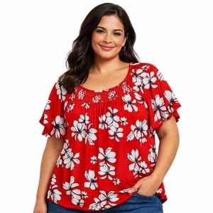 WESTPORT Red Floral Smocked Flutter Sleeve Top Size XL Boho Cottagecore Stretchy